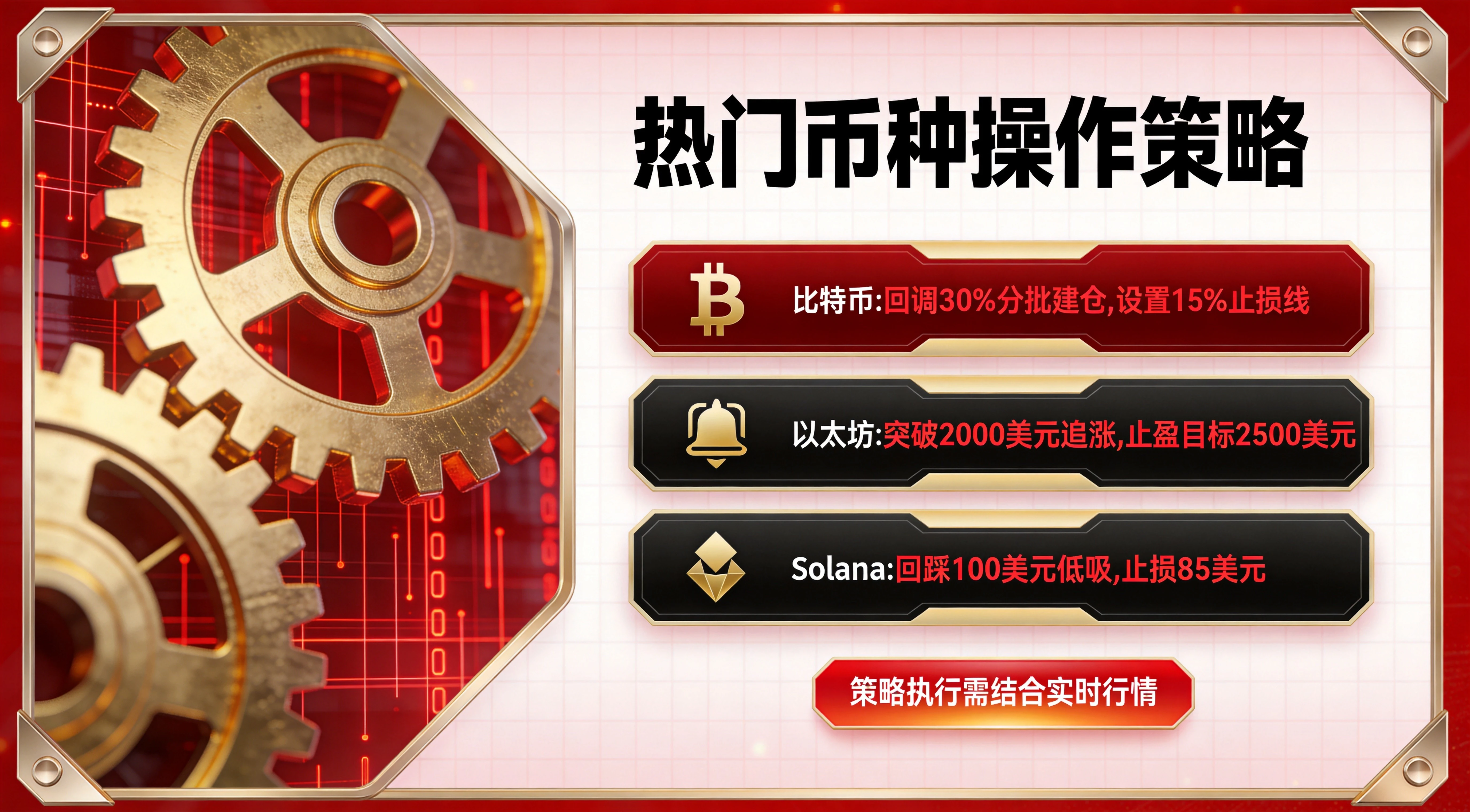 热门币种操作策略与风险清单图,涵盖追涨、等回调、分批建仓3种操作策略要点、风险类型与操作检查清单,红金科技信息图风格 热门币种操作策略与风险清单图,涵盖追涨、等回调、分批建仓3种操作策略要点、风险类型与操作检查清单,红金科技信息图风格