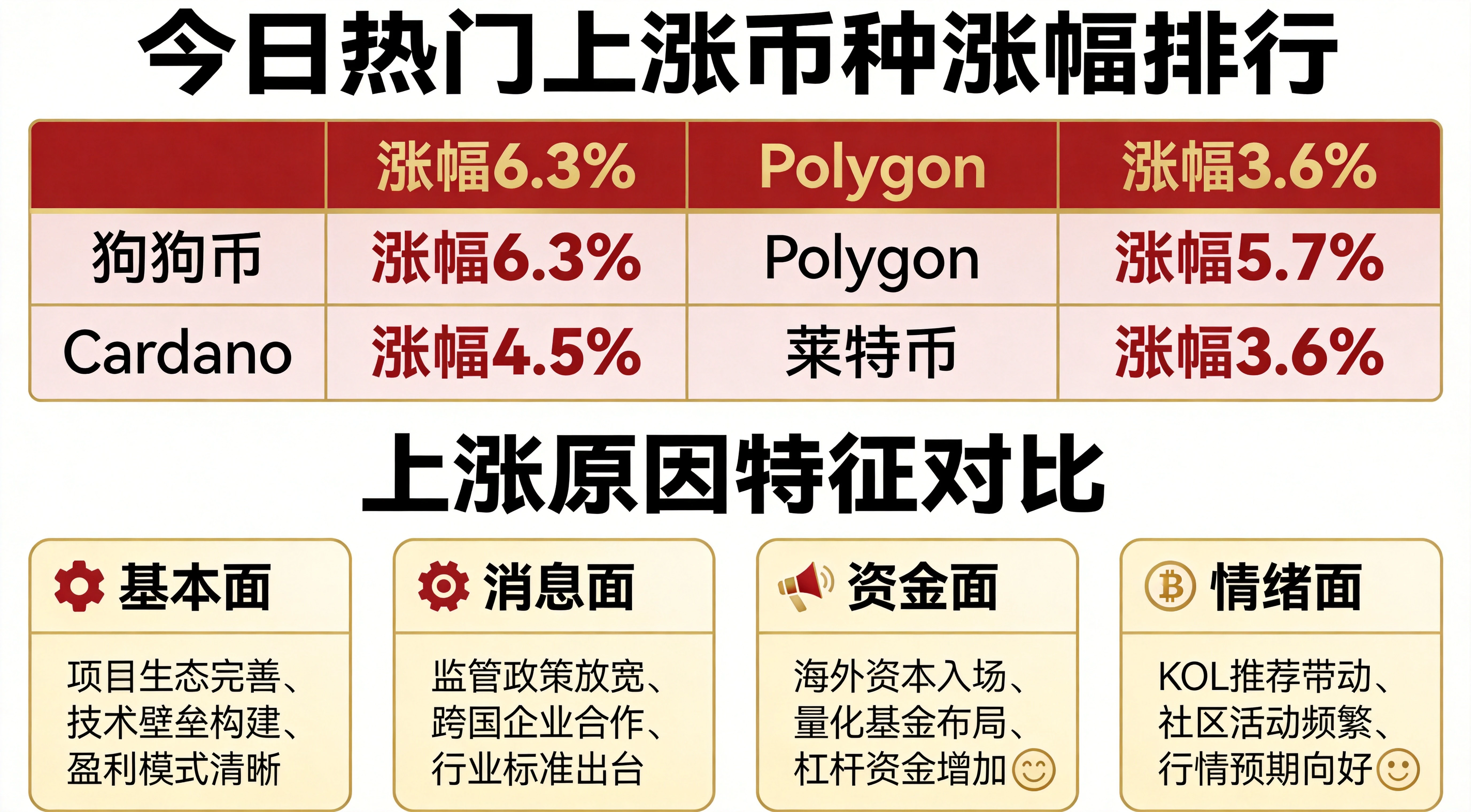 热门币种涨幅与上涨原因分类对比图,上半部分呈现热门币种涨幅排行示例,下半部分列出4类上涨原因的特征对比,红金简约信息图风格 热门币种涨幅与上涨原因分类对比图,上半部分呈现热门币种涨幅排行示例,下半部分列出4类上涨原因的特征对比,红金简约信息图风格