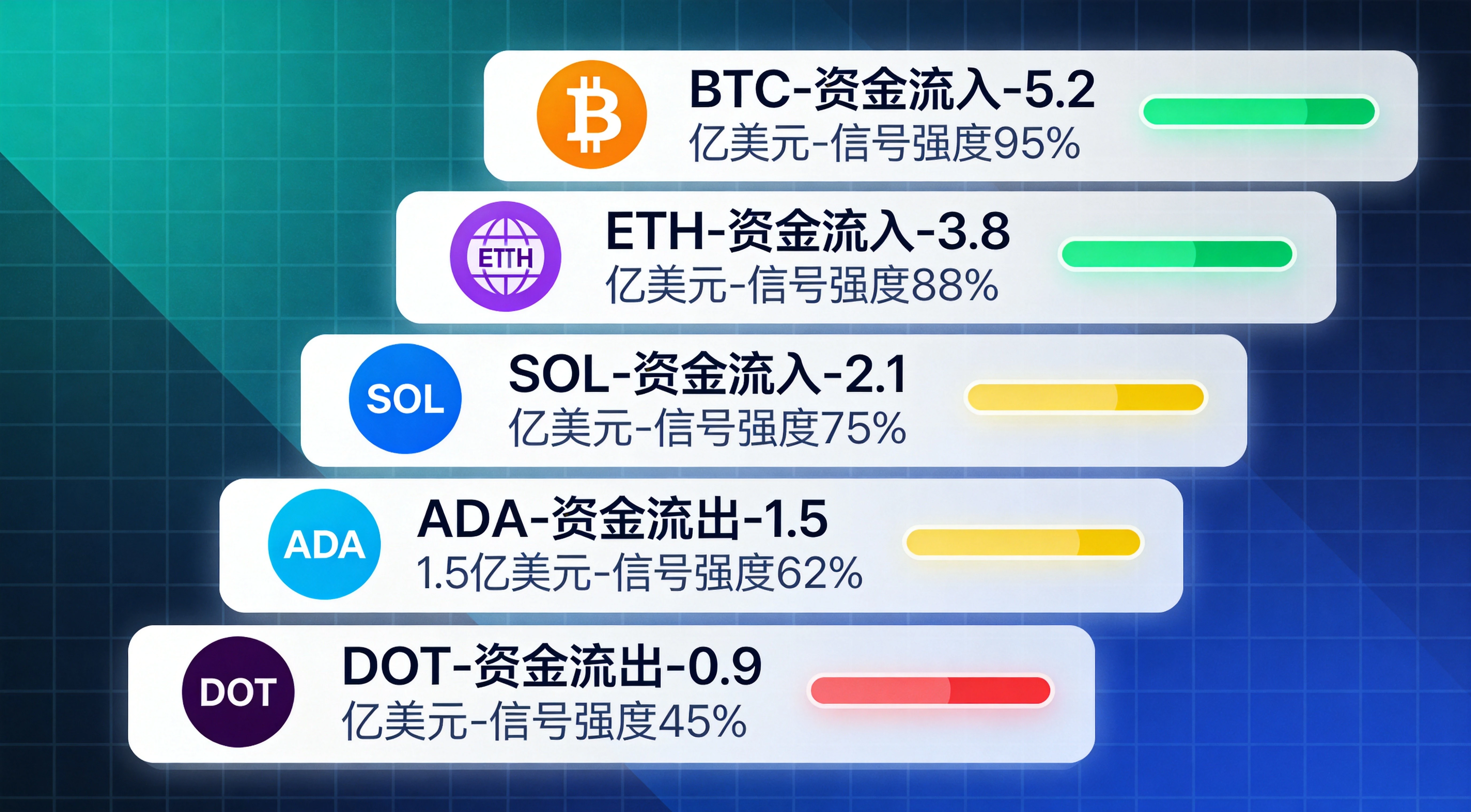 今日资金流向前五币种榜单图,完整呈现BTC、ETH、SOL、USDT、PEPE五个核心币种的排名、资金方向、涉及金额、对应信号强度标识,帮助读者快速把握今日资金流向的核心数据 今日资金流向前五币种榜单图,完整呈现BTC、ETH、SOL、USDT、PEPE五个核心币种的排名、资金方向、涉及金额、对应信号强度标识,帮助读者快速把握今日资金流向的核心数据
