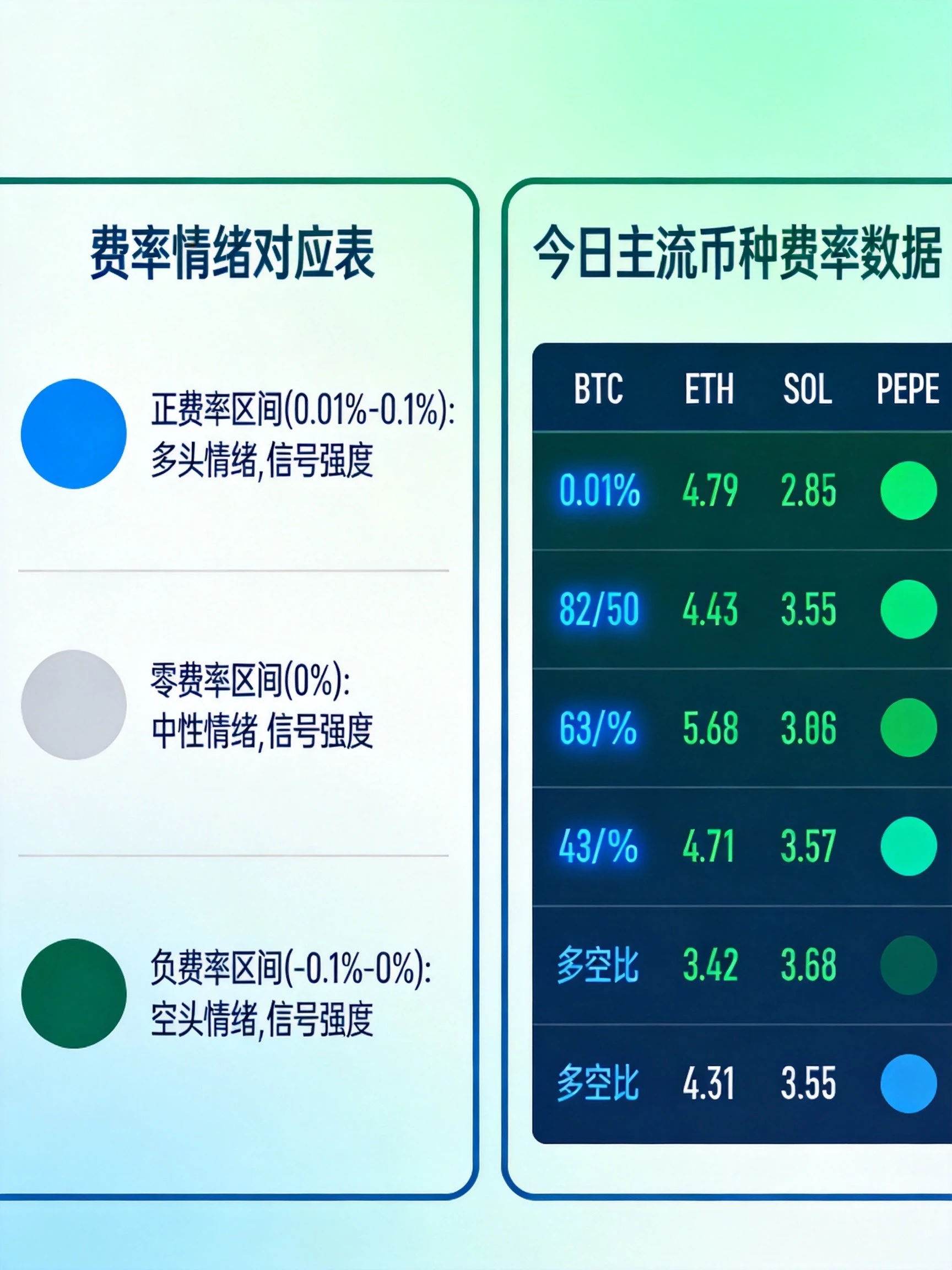 费率情绪对应与今日数据总览图，清晰呈现不同正负费率区间对应的多空情绪等级、信号强度，同时展示今日BTC、ETH、SOL、PEPE四个币种的实时费率、多空比和情绪判断，帮助读者快速掌握费率与情绪的对应关系及今日市场情况